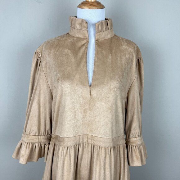 Gretchen Scott Dress Womens Large Beige Teardrop Ultra Suede Tiered Ruffle 3/4 - Picture 3 of 12